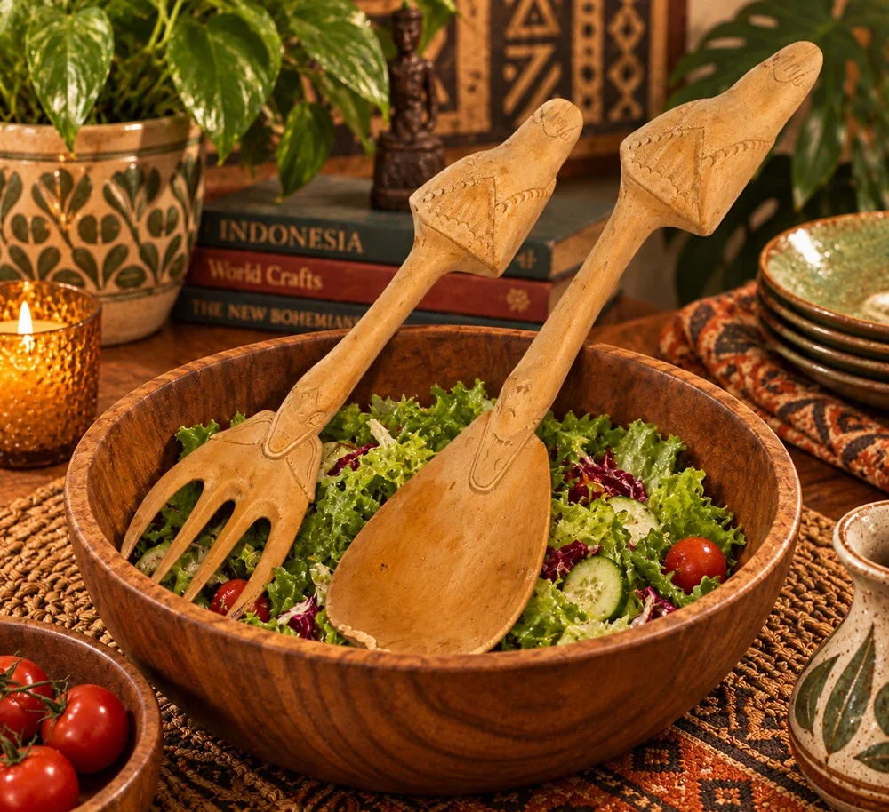 Vintage Indonesian Carved Wood Duck Salad Servers Spoon Fork Folk Art 10